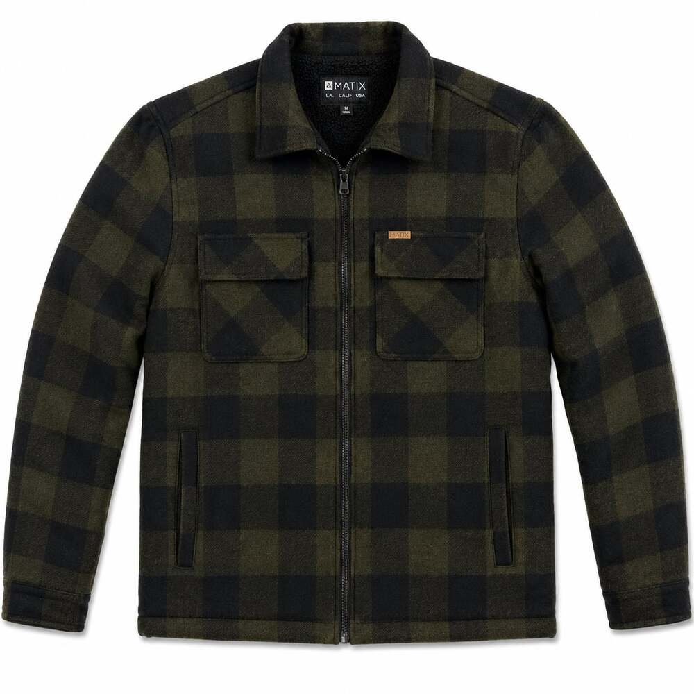 Matix Men's Olive and Black Plaid Sherpa-Lined Full Zip Shirt Jacket